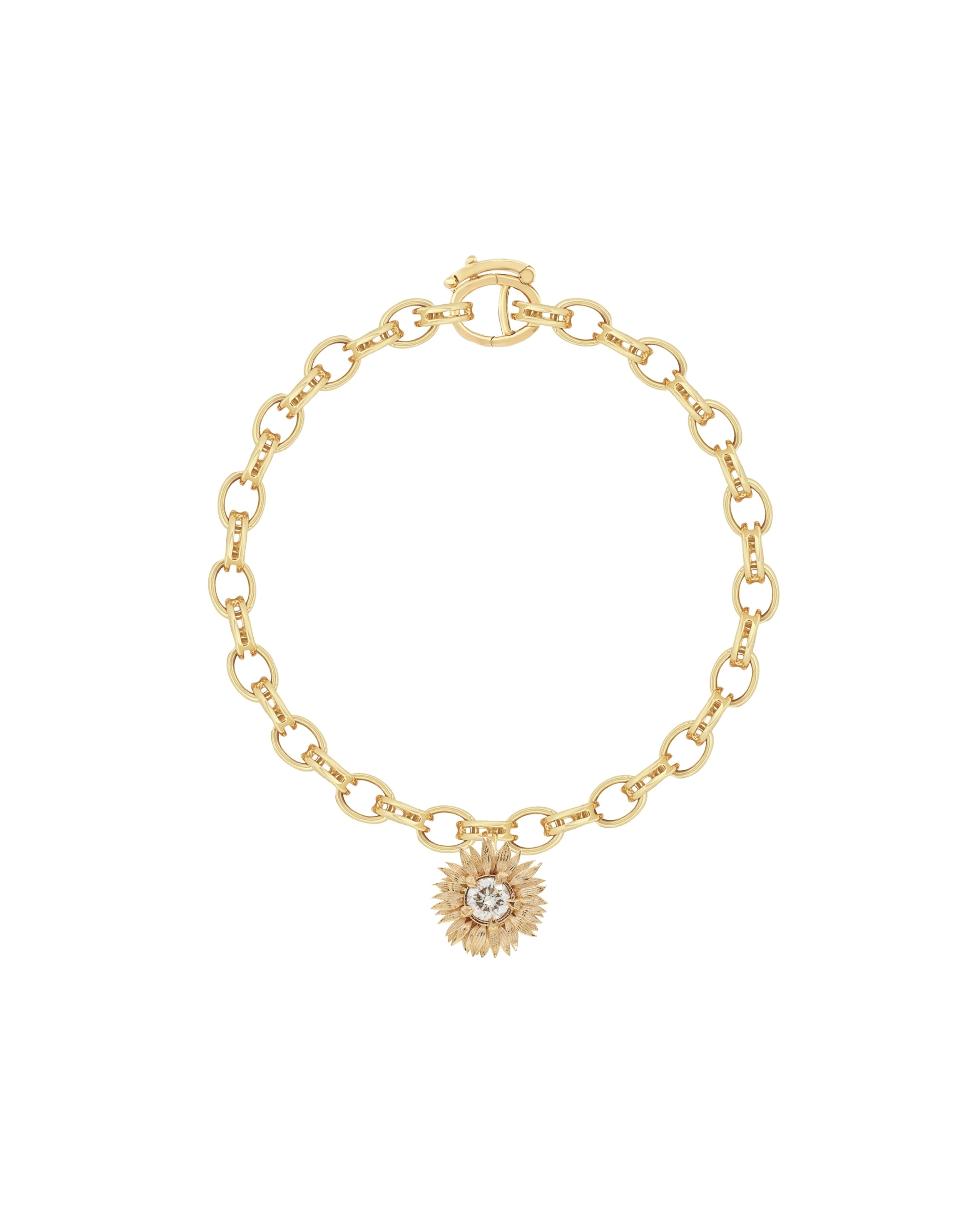 Gold bracelet with a sunflower-shaped charm on a white background