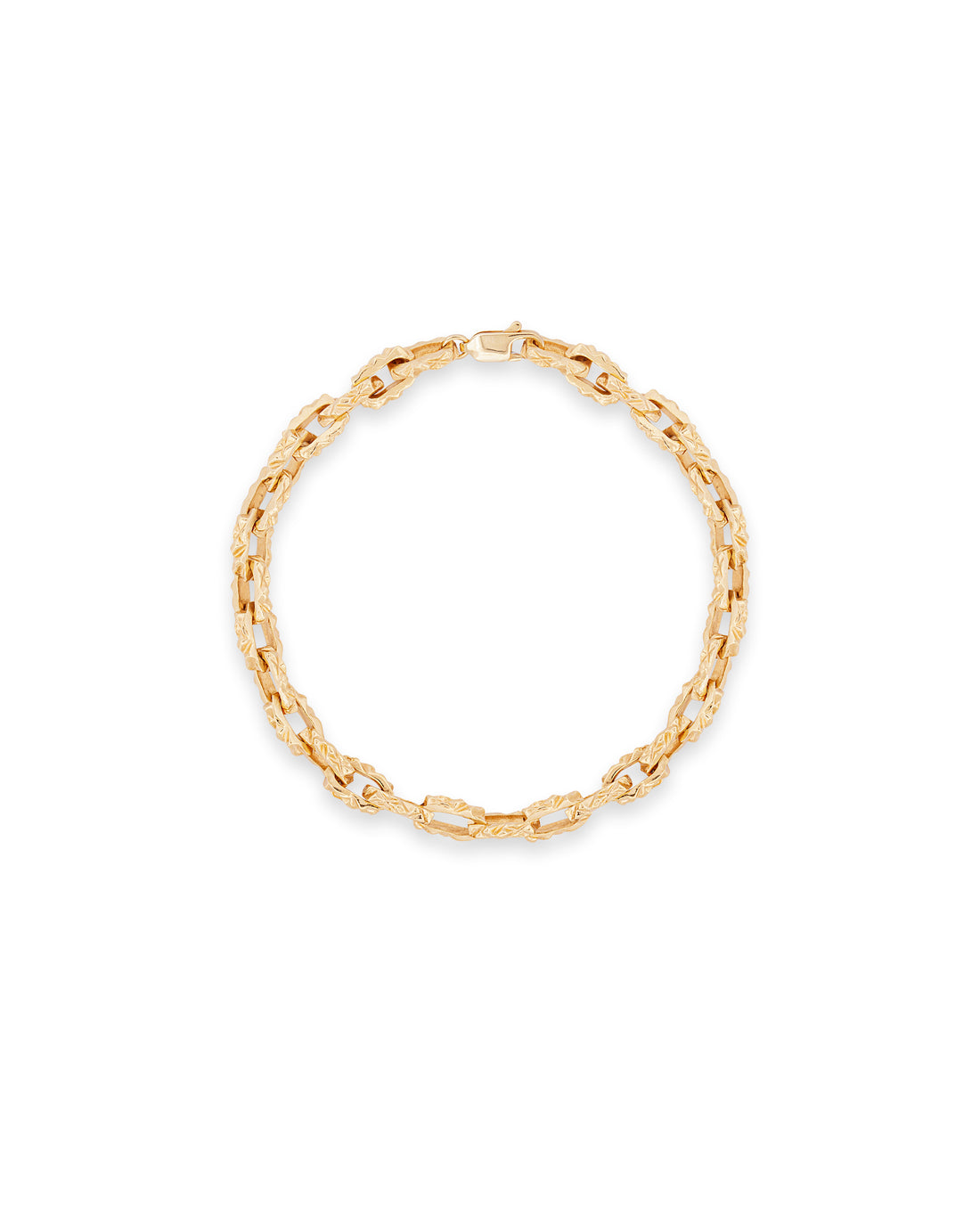 A gold-colored bracelet with a mirrored pattern, displayed against a white background.