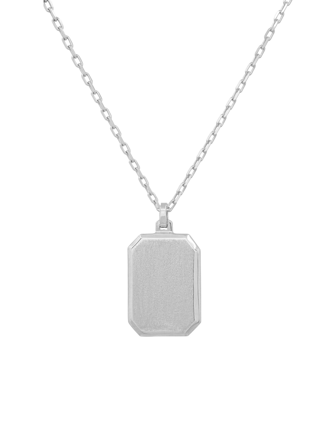A sterling silver canvas pendant necklace with a brushed finish, strung on a diamond cut cable chain.