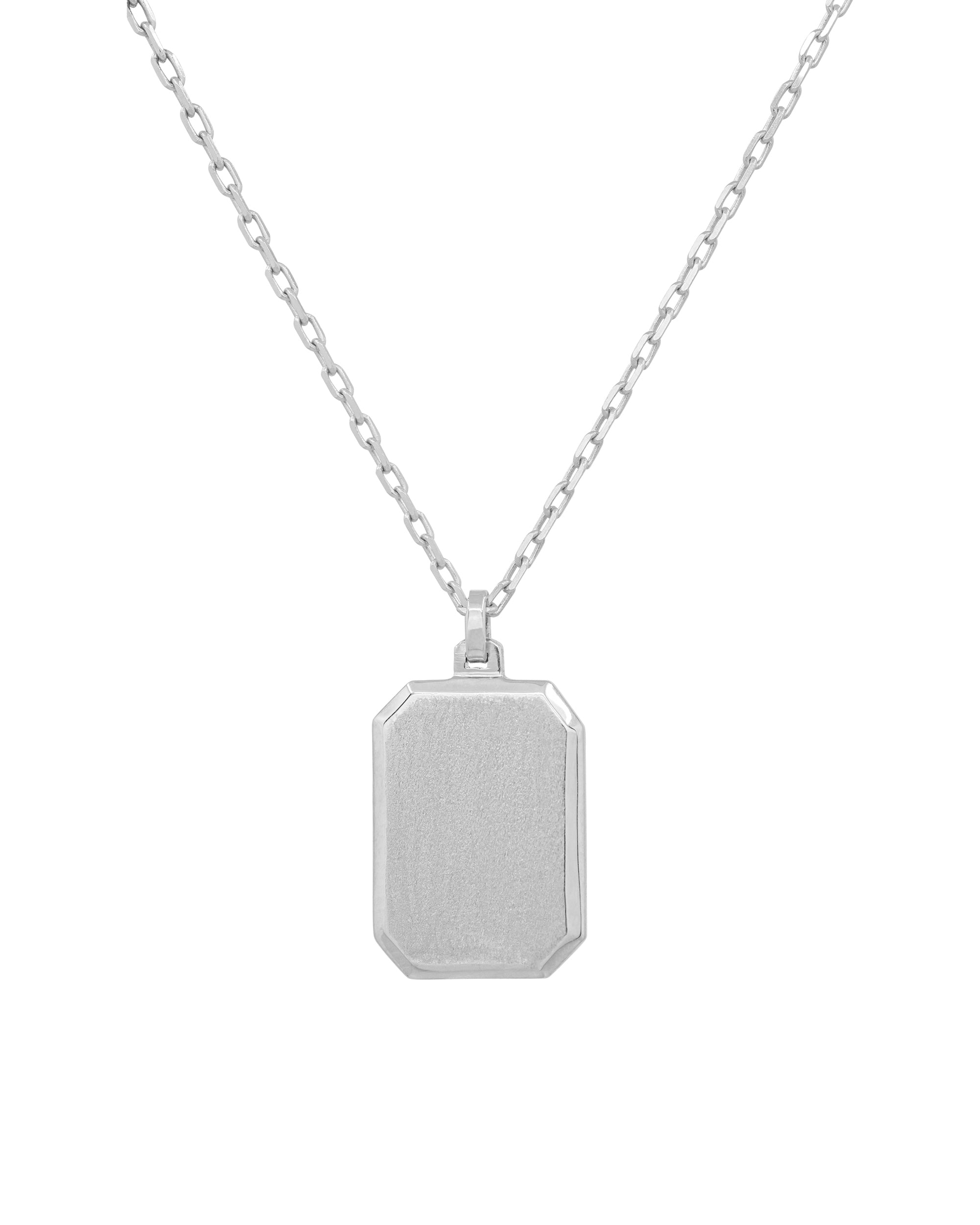 A sterling silver canvas pendant necklace with a brushed finish, strung on a diamond cut cable chain.