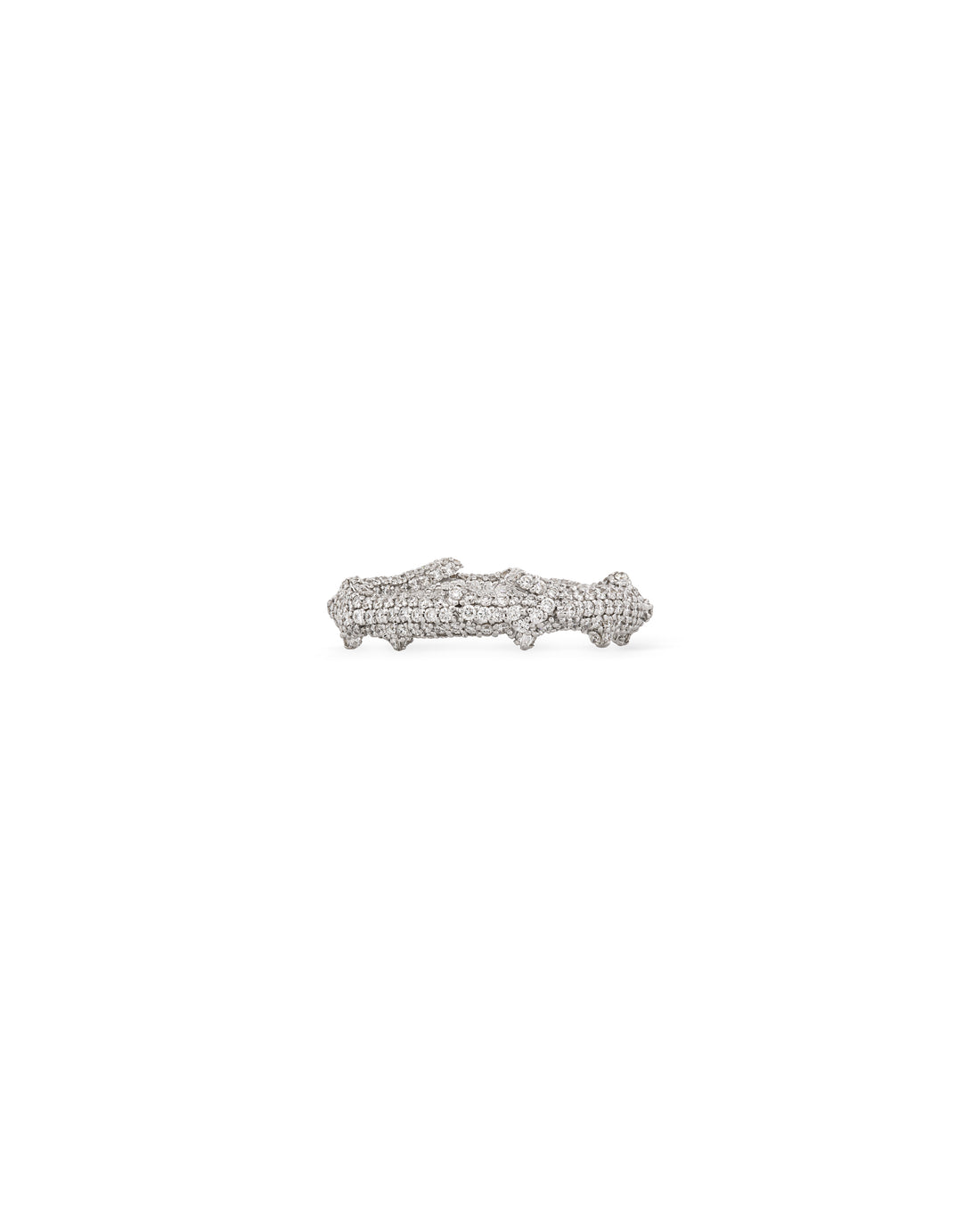 A close-up image of a white gold ring with a pave diamond design.