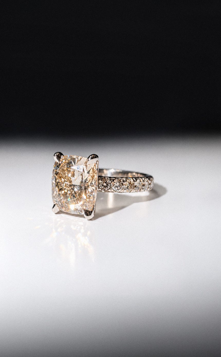 Bernard James engagement ring on a white surface