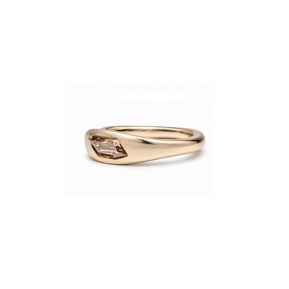 Sculptural Crushed Signet Ring with an irregular-cut champagne diamond, angled side view showing the rounded profile of the band
